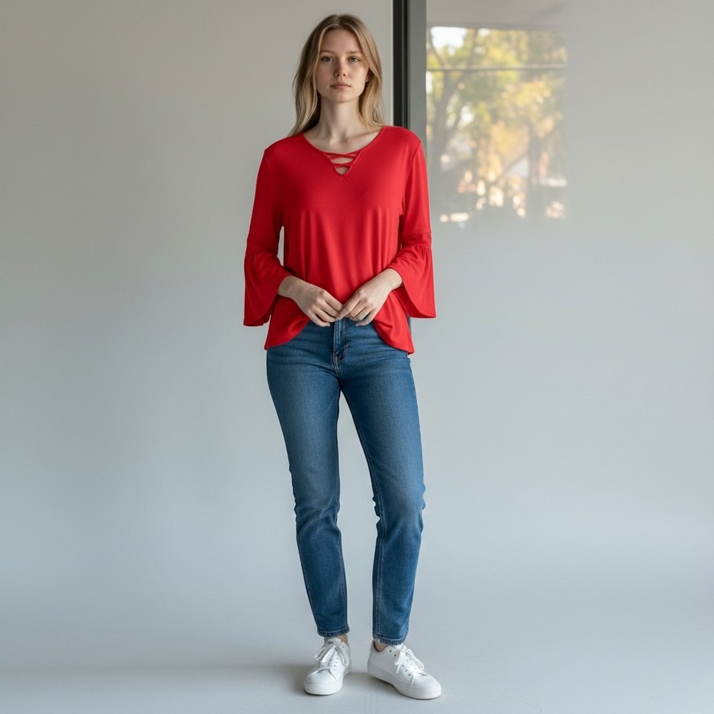 Red Lattice Neck Bell Sleeve Blouse Smocked Cuff Boho Knit Top M / #3153